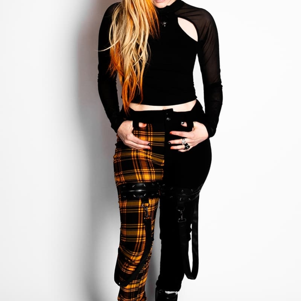 Killstar X Avril Lavigne Black and Orange Love Gaze Plaid Split Pants